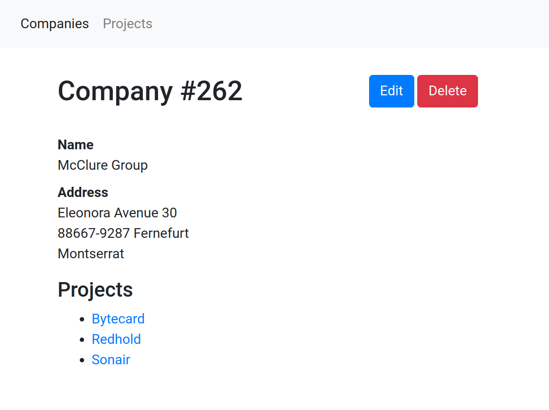 Screenshot of a company page in a CRUD app