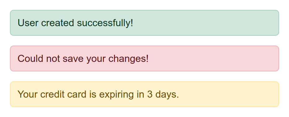 Screenshot of three flash messages