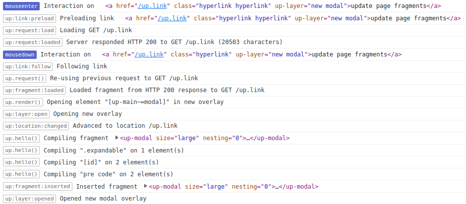 Screenshot of Unpoly's log in the browser console